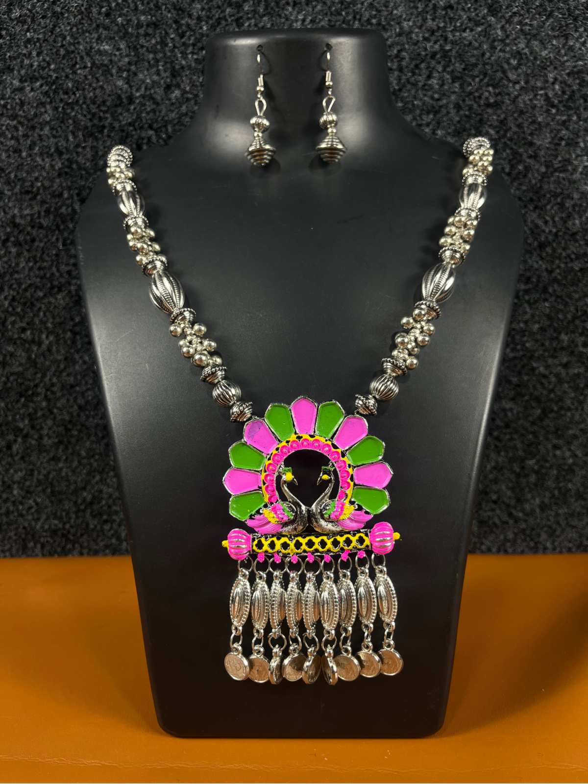 Floral-Embellished Silver Necklace with Medallion Earrings - Shree Pramukh Jewellery