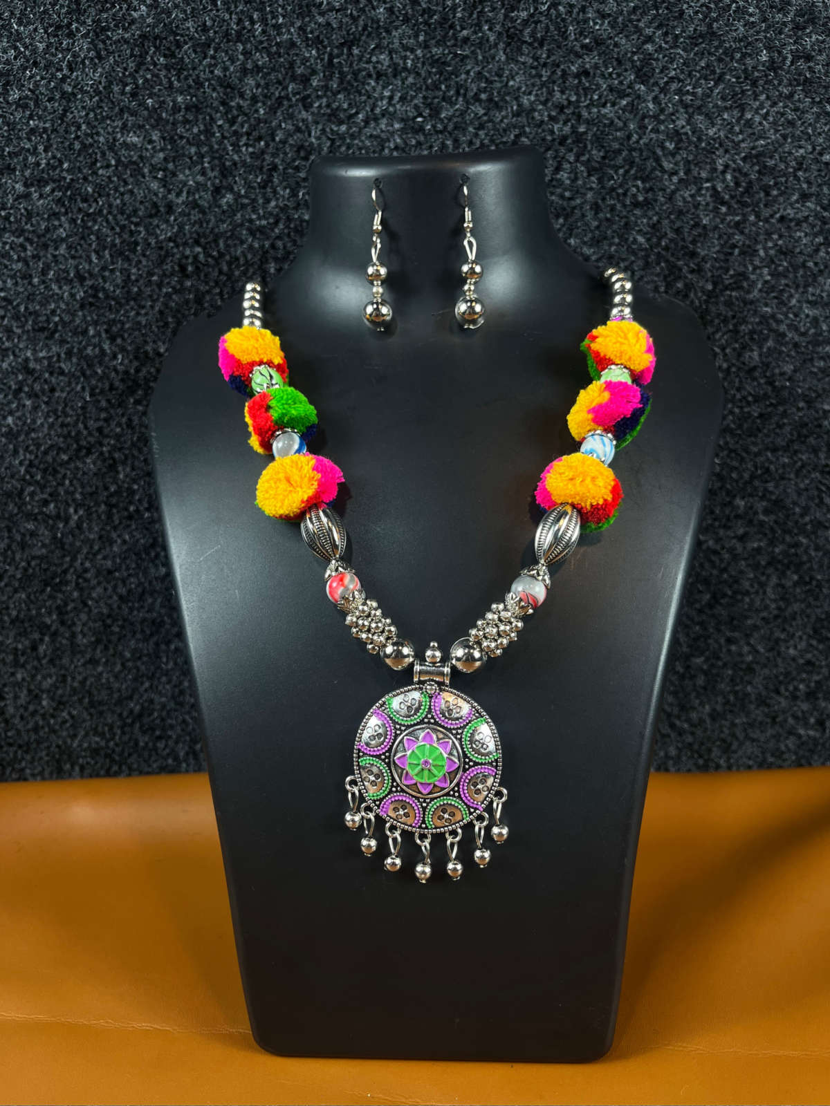 Vibrant Pom-Pom and Silver Beaded Necklace for Navratri - Shree Pramukh Jewellery