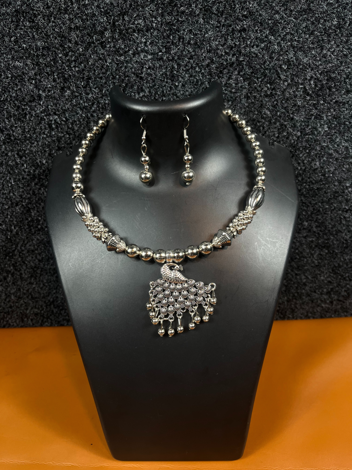 Navratri Oxidized Silver Peacock Necklace Set