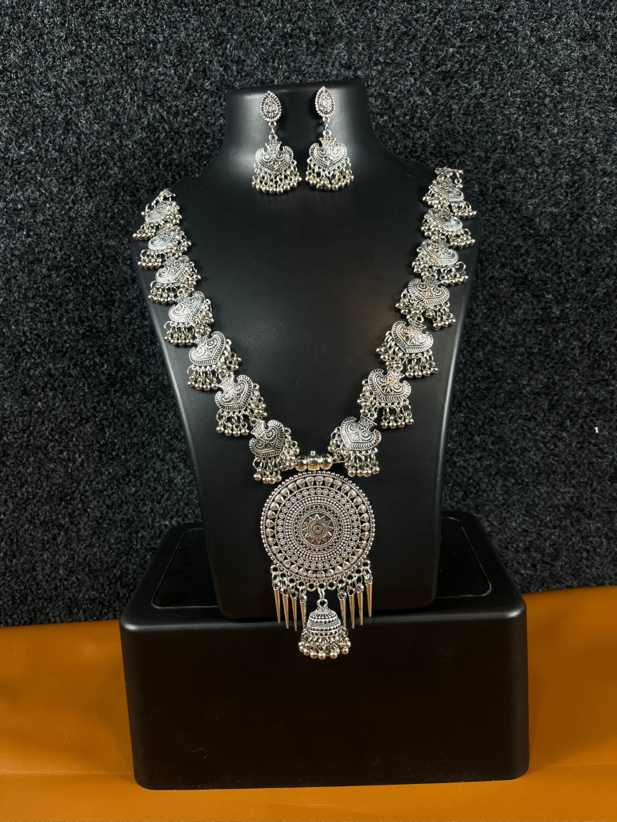 Statement Oxidized Silver Necklace with Intricate Circular Pendant - Shree Pramukh Jewellery