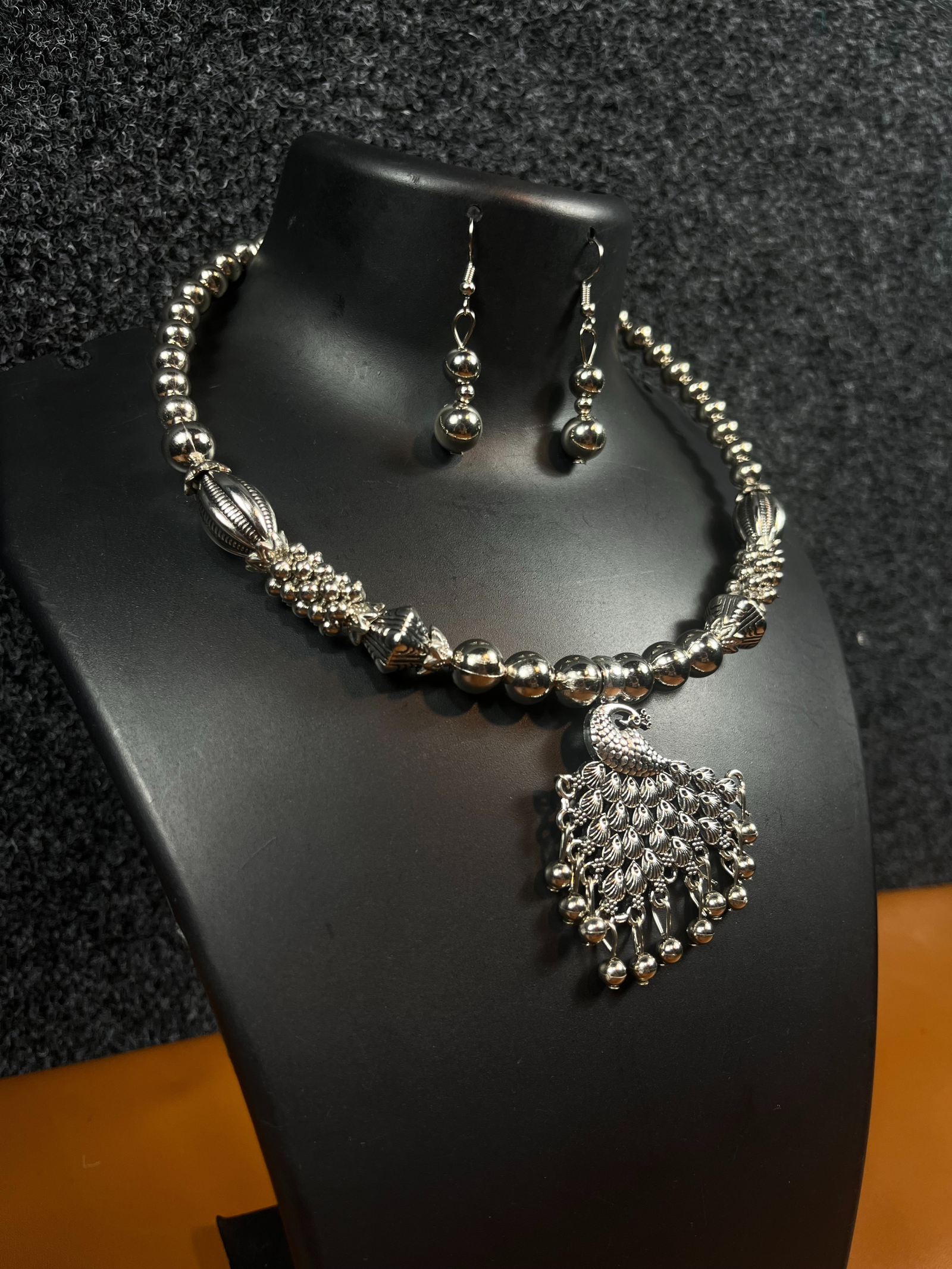 Navratri Oxidized Silver Peacock Necklace Set