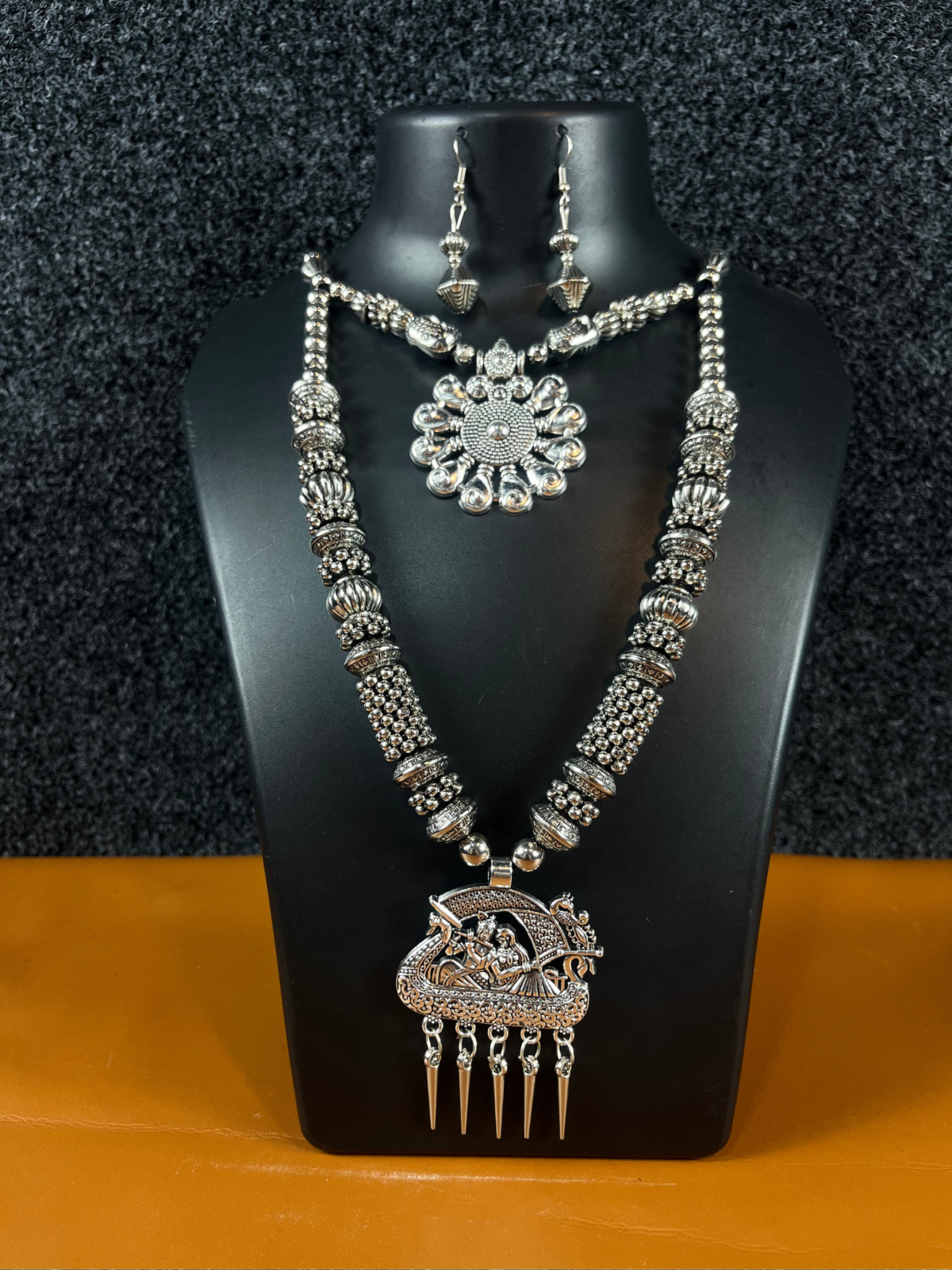 Oxidized Silver Necklace Set with Radha Krishna Pendant and Antique Bead Detailing